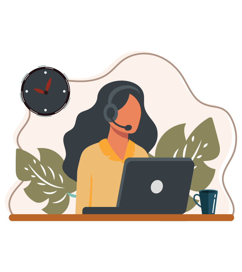 Illustration of a call center with agents at desks, headsets on, engaged in customer service communication.