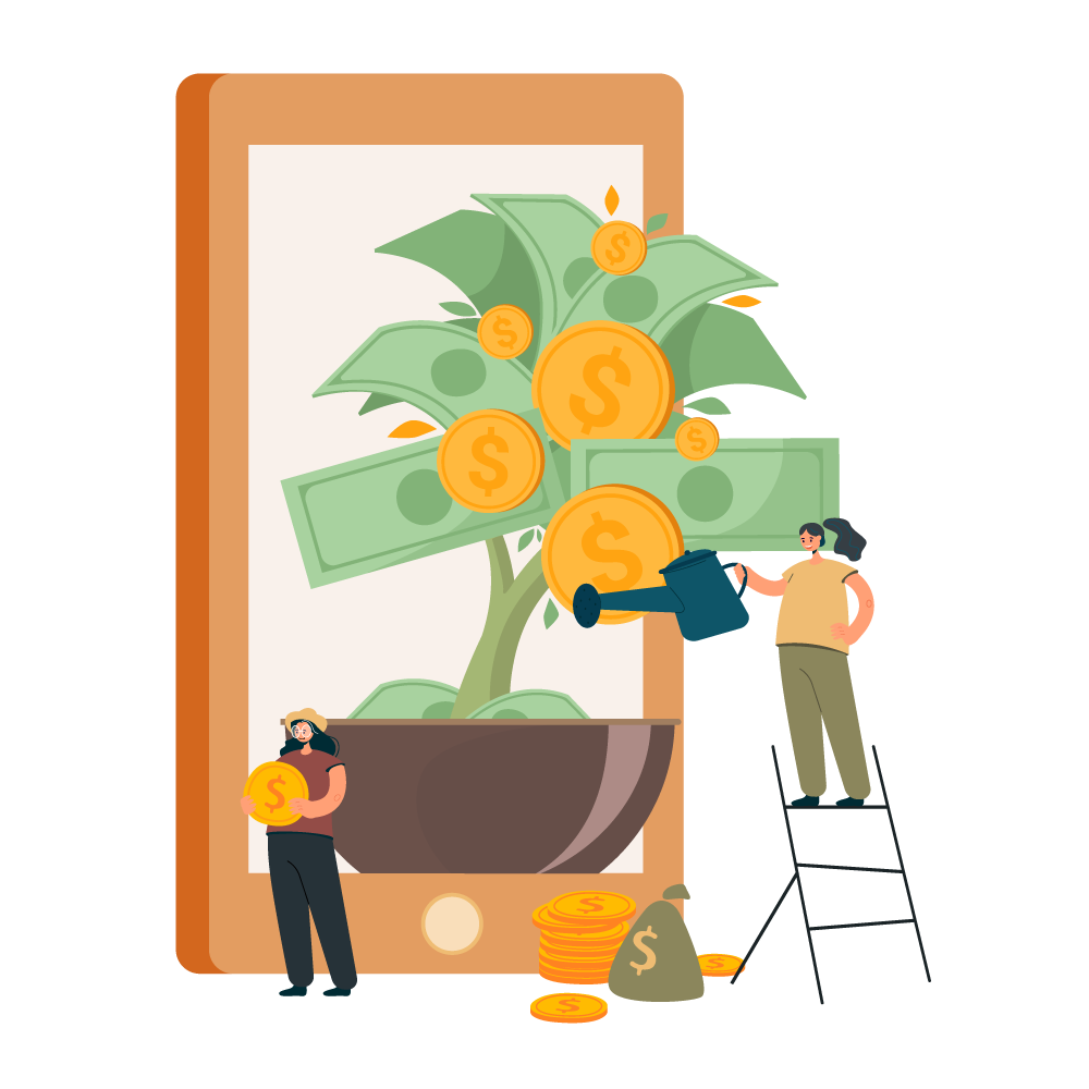 A man waters a money tree while holding a smartphone, symbolizing financial growth and digital engagement.