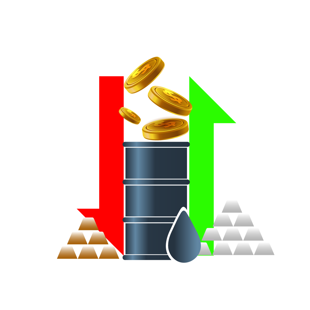 An oil barrel featuring gold designs and arrows, representing financial growth and movement in the oil industry.